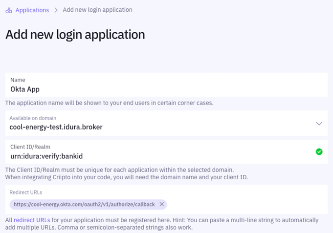 Create application – Idura Dashboard